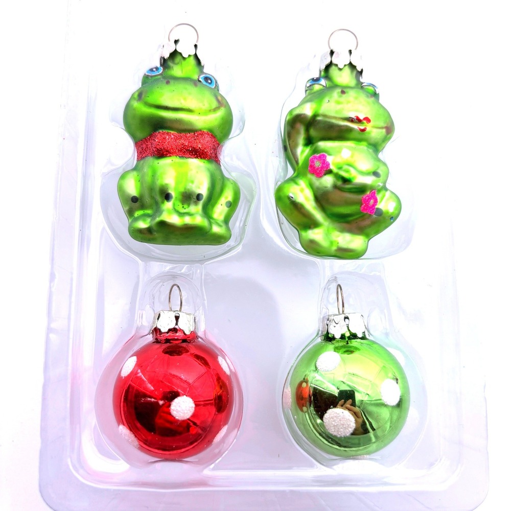 Pier 1 Mini Frog & Ball Blown Glass Ornament Set Christmas Polka Dot In Box